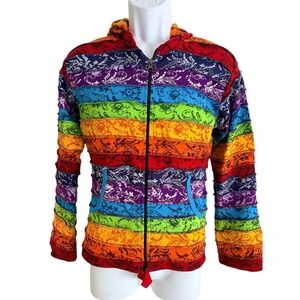 Colorful Patchwork Zip Hoodie Jacket M Boho Hippie Festival Nepal Cotton Light